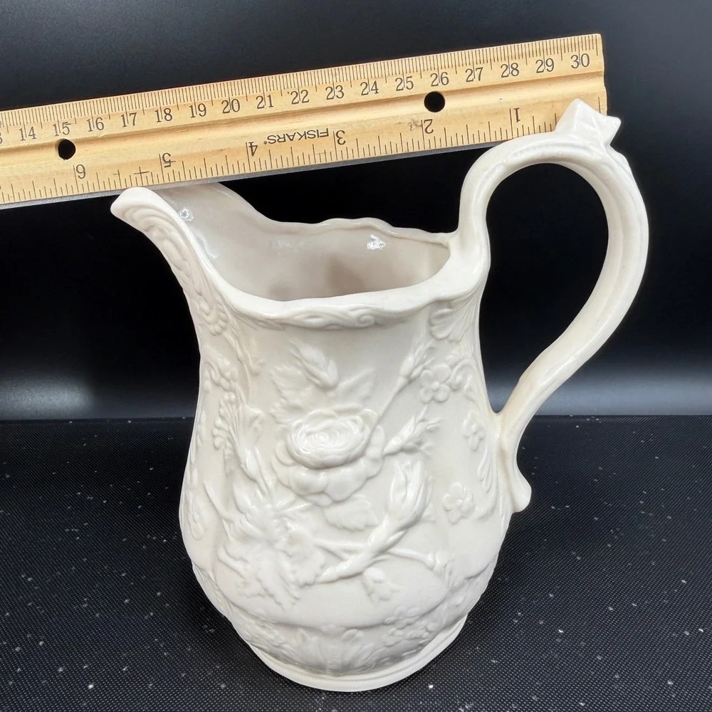 Vintage‎ M Bennett 1974 Embossed Rose Floral Ceramic Pitcher Cream White Signed